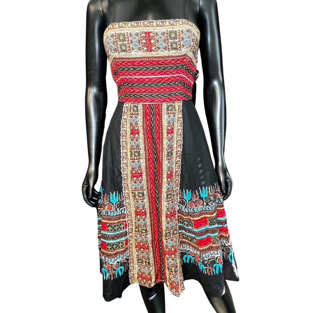 BCBGMAXAZRIA Dress Medium M Black Cotton Strappy Backless Print‎ Boho Casual